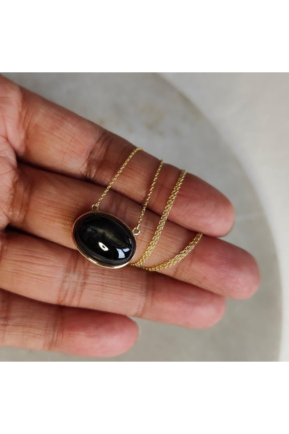 Natural Black Star Diopside Pendant, 14K Solid Gold Black Star Pendant, Yellow Solid Gold Pendant Necklace, March Birthstone, Christmas Gift