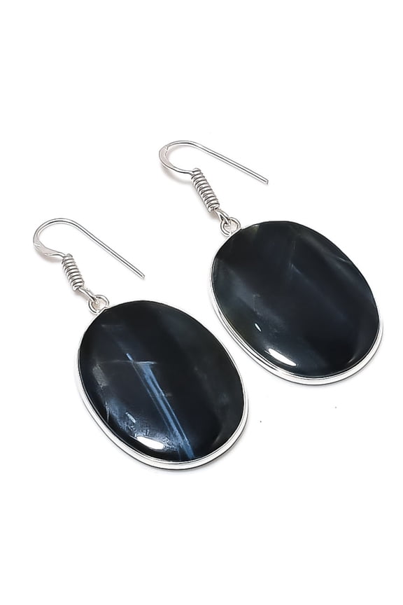 Natural Black Tiger Eye Gemstone 925 Sterling Silver Jewelry Earring 1.89"