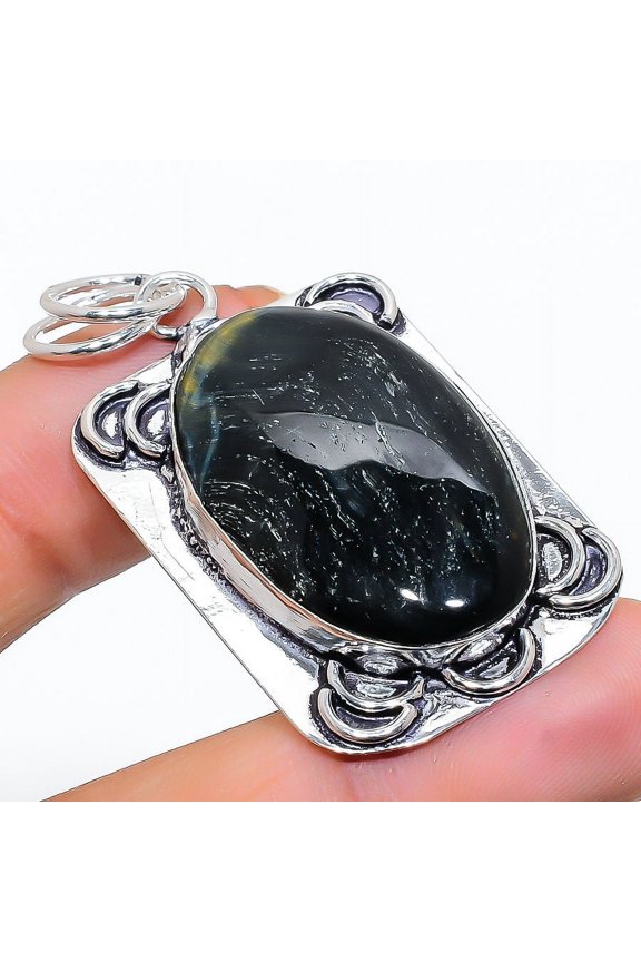 Natural Black Tiger Eye Gemstone 925 Sterling Silver Jewelry Pendant 2.09"