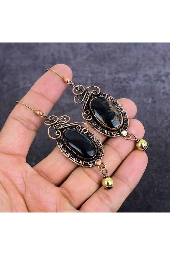 Natural Black Tiger Eye Gemstone Copper Wire Wrap Jewelry Earring 3.55"