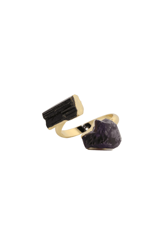 Natural Black Tourmaline & Amethyst Gold Adjustable Ring NBTAGAR6