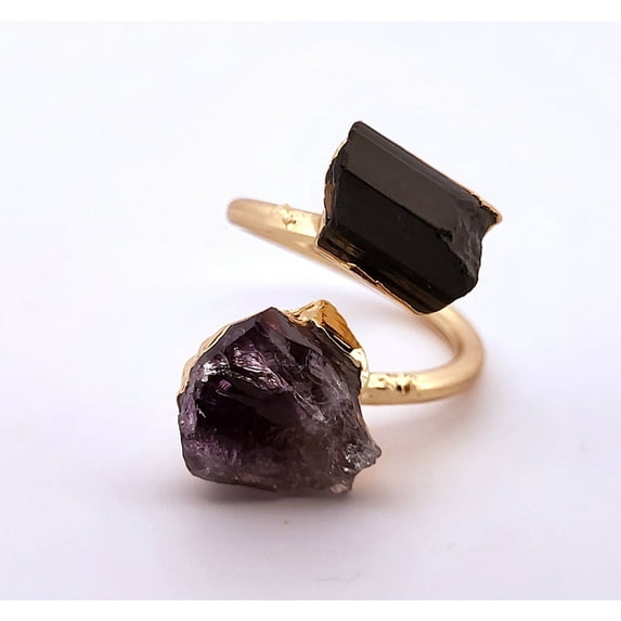 Natural Black Tourmaline & Amethyst Gold Adjustable Ring NBTGAR4