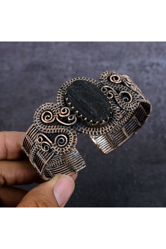 Natural Black Tourmaline Gemstone Copper Wire Wrap Cuff Bangle Adjustable