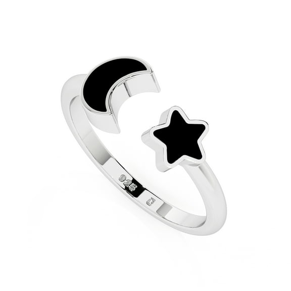Natural Black Tourmaline Moon-Star Shape Rings in Sterling Silver for Women, October Birthstone Jewelry for Her Birthday, Wedding Anniversary, Christmas, Mothers Day