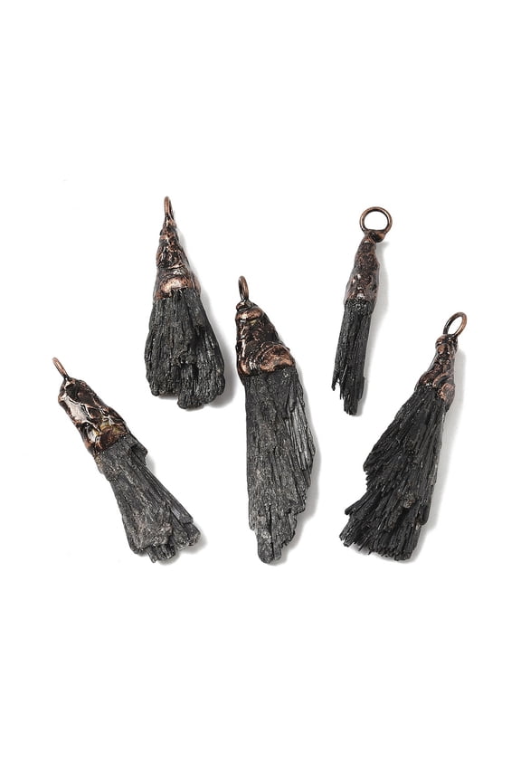 Natural Black Tourmaline Nuggets Big Pendants Red Copper Tone Brass Charms 47~62.5x8.5~16.5x7~14mm Hole: 5mm Tourmaline