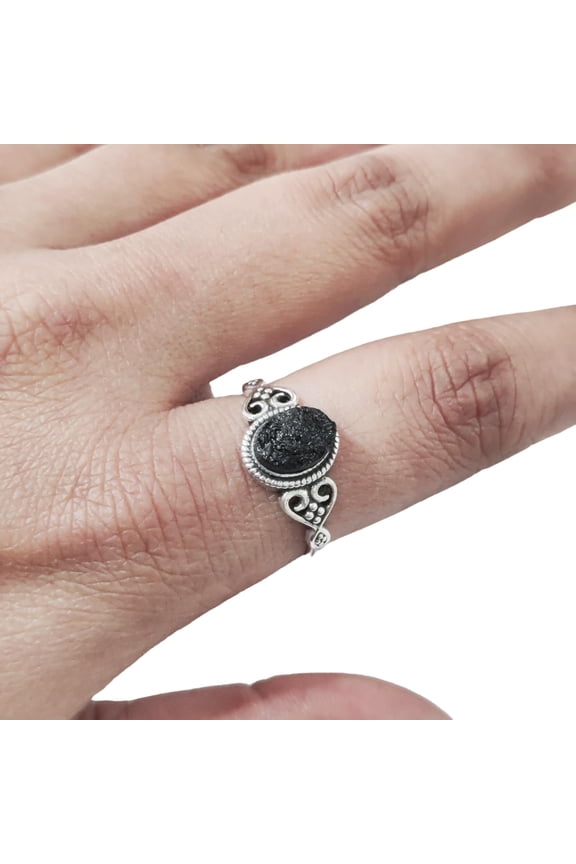 Natural Black Tourmaline Ring, Raw Black Tourmaline Gemstone Ring, October Birthstone, Tiny Bohemian Ring, 925 Sterling Silver, Womens Ring, Christmas Handmade Statement Jewelry, Rough Tourmaline