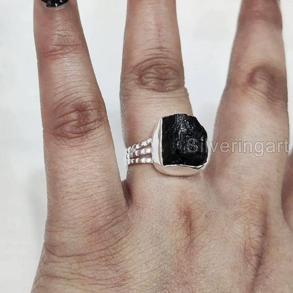 Natural Black Tourmaline Ring, Rough Tourmaline Ring, October Birthstone, Three Doted Band, 925 Sterling Silver, Womens Ring, Christmas, Thanksgiving, Handmade, Statement Jewelry, Raw Gemstone Jewelry