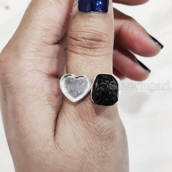 Natural Black Tourmaline Ring, Rough Tourmaline Adjustable Ring, October Birth, Heart Ring, 925 Sterling Silver, Womens Ring, Christmas, Thanksgiving, Handmade, Statement Jewelry, Raw Gemstone Jewelry