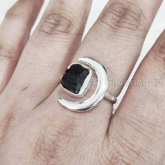 Natural Black Tourmaline Ring, Rough Tourmaline Crescent Moon Adjustable Ring, October, 925 Sterling Silver, Womens Ring, Christmas, Thanksgiving, Handmade, Statement Jewelry, Raw Gemstone Jewelry