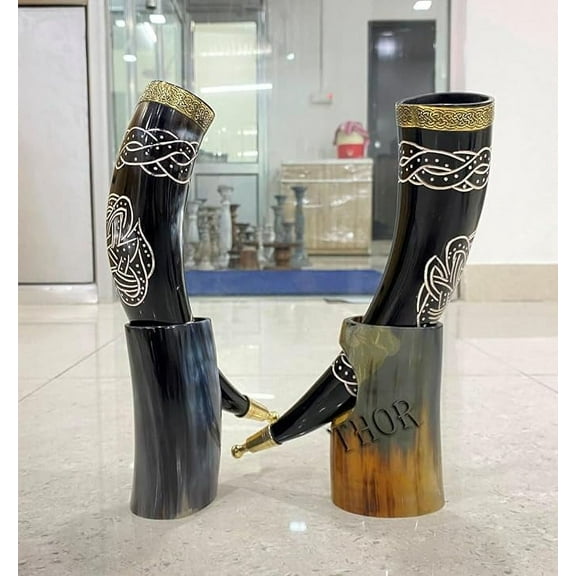 Natural Black Viking Brass knob Drinking Horn set of 2 with Stand for Beer Wine Mead Christmas Birthday Wedding Gift for men game of thrones mug viking horn