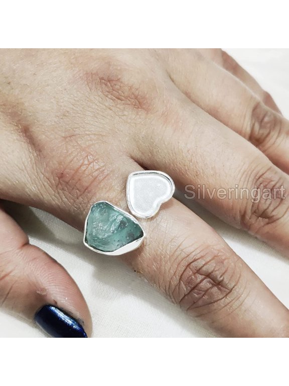 Natural Blue Apatite Ring, Rough Apatite Ring, Birthstone, Heart Adjustable Ring, 925 Sterling Silver, Womens Ring, Christmas, Thanksgiving, Handmade, Statement Jewelry, Rough Gemstone Jewelry