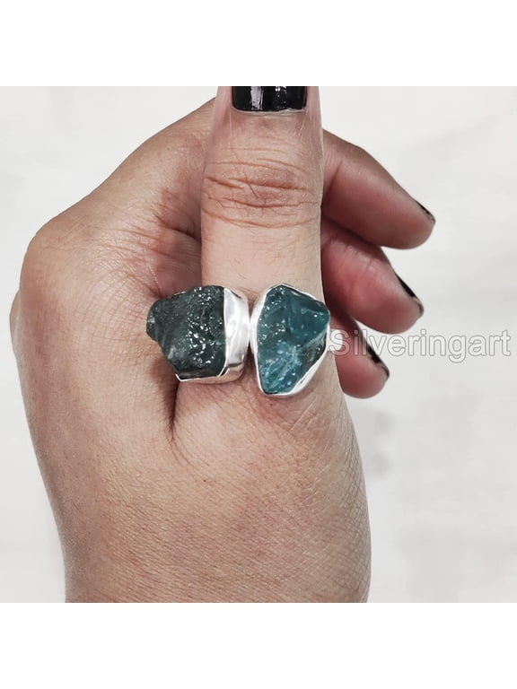 Natural Blue Apatite Ring, Rough Apatite Ring, Birthstone, 2 Stone Adjustable Ring, 925 Sterling Silver, Womens Ring, Christmas, Thanksgiving, Handmade, Statement Jewelry, Rough Gemstone Jewelry