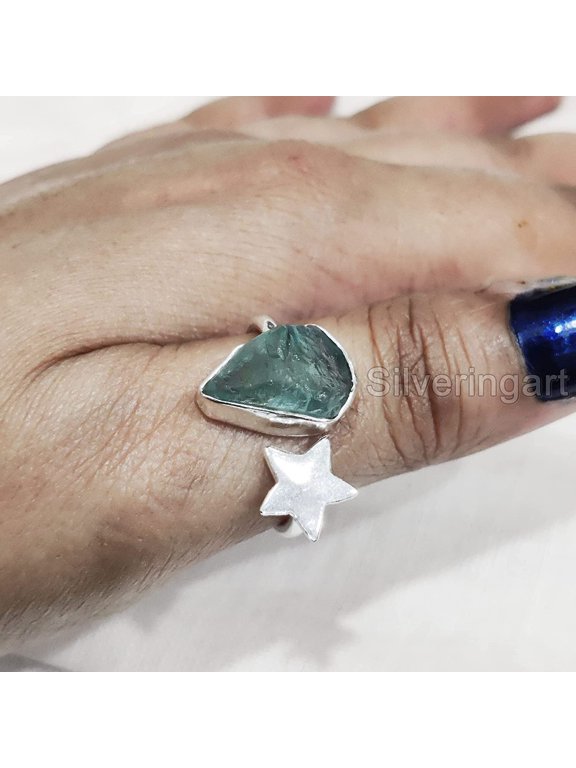 Natural Blue Apatite Ring, Rough Apatite Ring, Birthstone, Star Adjustable Ring, 925 Sterling Silver, Womens Ring, Christmas, Thanksgiving, Handmade, Statement Jewelry, Rough Gemstone Jewelry