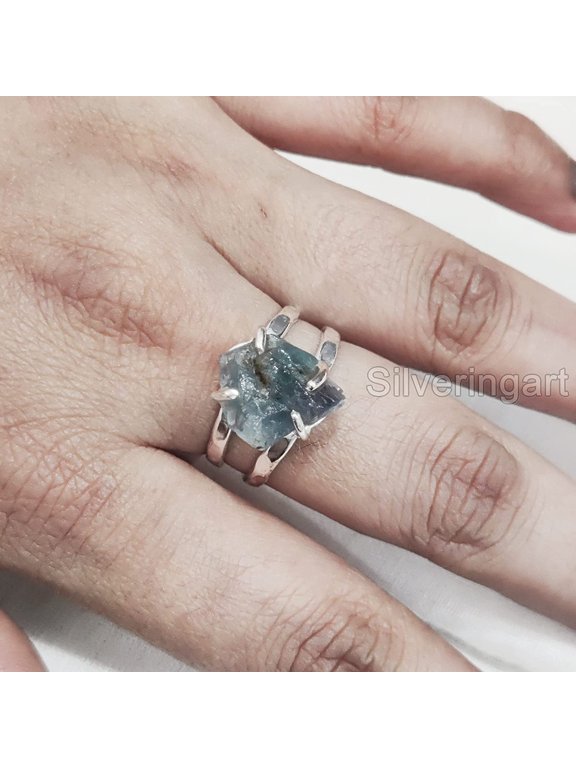 Natural Blue Apatite Ring, Rough Apatite Ring, Healing Birthstone, 2 Hammered Band, 925 Sterling Silver, Womens Ring, Christmas, Thanksgiving, Handmade, Statement Jewelry, Rough Gemstone Jewelry