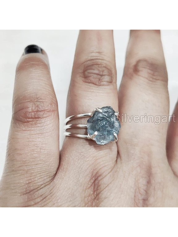 Natural Blue Apatite Ring, Rough Apatite Ring, Healing Birthstone, 3 Plain Band Ring, 925 Sterling Silver, Womens Ring, Christmas, Thanksgiving, Handmade, Statement Jewelry, Rough Gemstone Jewelry