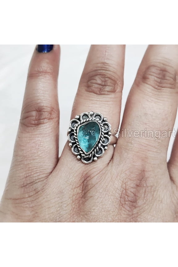 Natural Blue Apatite Ring, Rough Apatite Ring, Healing Birthstone, Bohemian Ring, 925 Sterling Silver, Womens Ring, Christmas, Thanksgiving, Handmade, Statement Jewelry, Rough Gemstone Jewelry