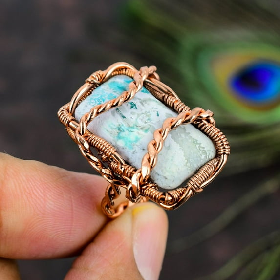 Natural Blue Aragonite Gemstone Handmade Copper Wire Wrap Ring Size 7.5