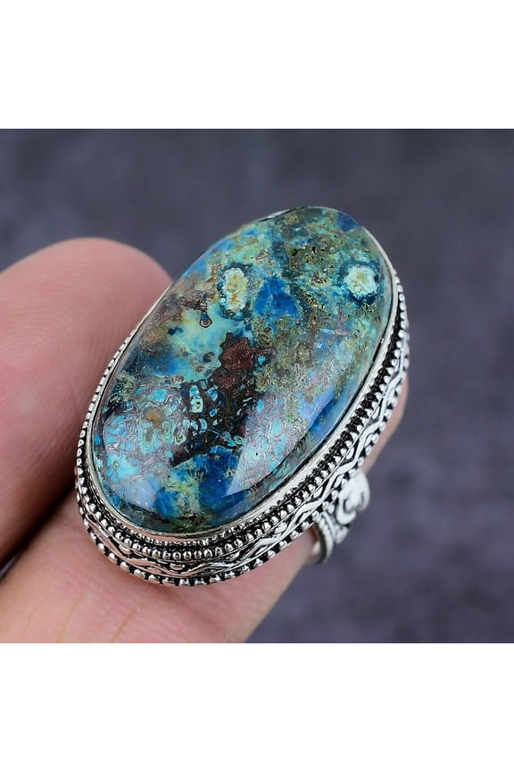Natural Blue Azurite Gemstone Handmade 925 Sterling Silver Gift Ring S.7.5