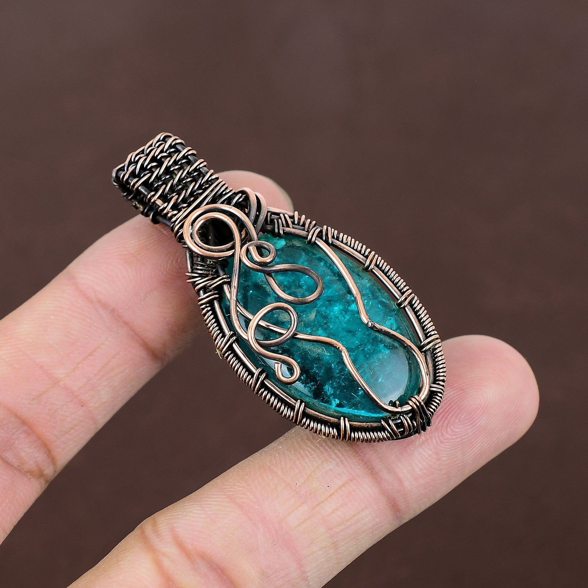 Natural Blue Baltic Amber Gemstone Handmade Copper Wire Wrap Pendant 2.56