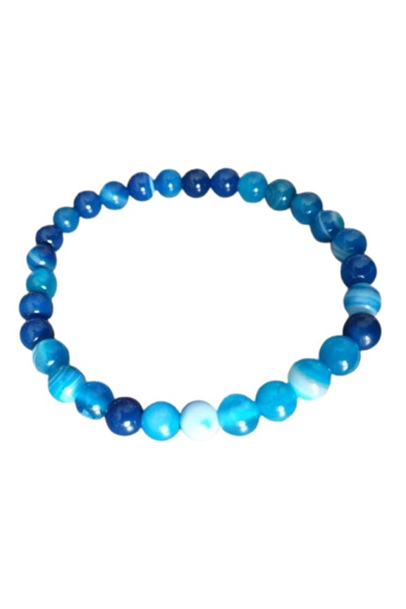 Natural Blue Banded Agate 6mm Round Shape Smooth Cut Beads Stretchable Bracelet For Men & Women. Unisex Bracelet