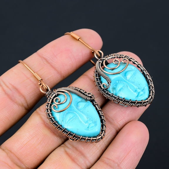 Natural Blue Cameo Face Gemstone Handmade Copper Wire Wrap Earring 2.36