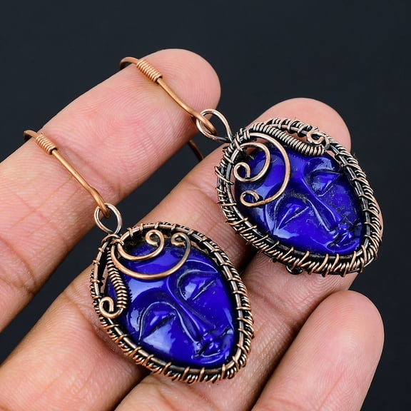 Natural Blue Cameo Face Gemstone Handmade Copper Wire Wrap Earring 2.44