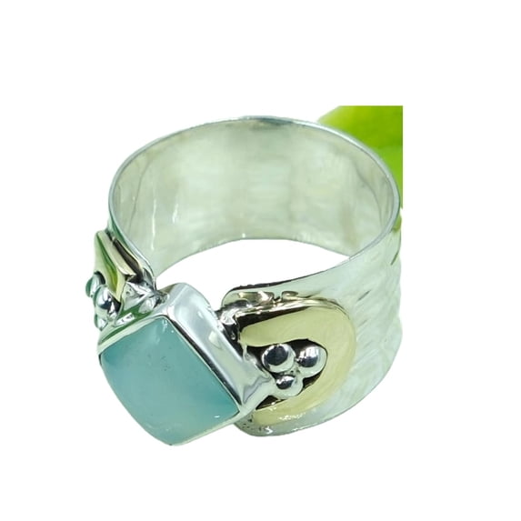 Natural Blue Chalcedony 925 Sterling Silver And Brass Statement Design Ring Gift Jewelry For Men And Women