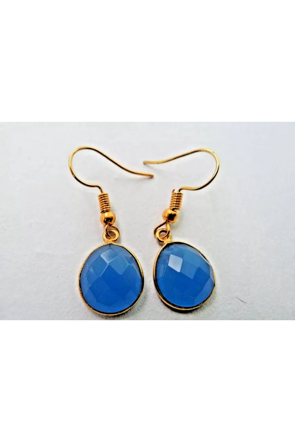 Natural Blue Chalcedony Gemstone, 925 Sterling Silver Earring, Gold Plated