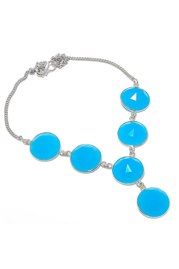 Natural Blue Chalcedony Gemstone 925 Sterling Silver Jewelry Necklace 18"