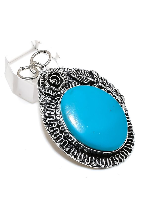 Natural Blue Chalcedony Gemstone 925 Sterling Silver Jewelry Pendant 2.29"