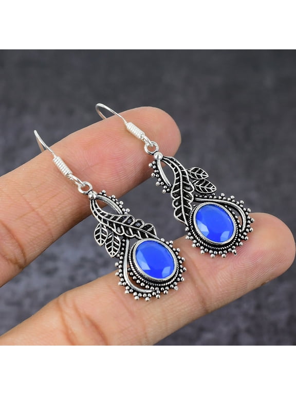 Natural Blue Chalcedony Gemstone Handmade 925 Sterling Silver Earring 2"