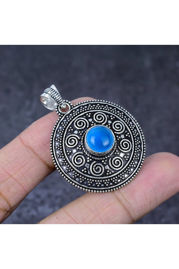 Natural Blue Chalcedony Gemstone Handmade 925 Sterling Silver Pendant 1.75"