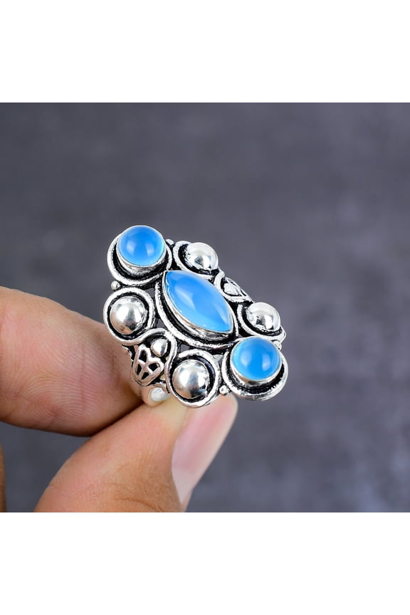 Natural Blue Chalcedony Gemstone Handmade 925 Sterling Silver Ring Size 7.5