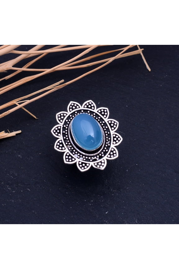 Natural Blue Chalcedony Gemstone Handmade 925 Sterling Silver Ring Size 7
