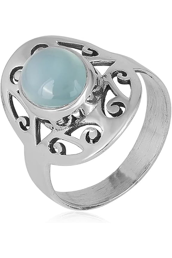 Natural Blue Chalcedony Oval Cabochon Ring in 925 Oxidized Sterling Silver | Handmade Bezel Set | 2.78 Ct Gemstone (7)