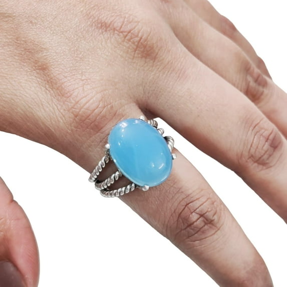 Natural Blue Chalcedony Ring, Blue Chalcedony Gemstone Ring, 3 Twisted Bohemian Band, 925 Sterling Silver, Womens Ring, Christmas, Thanksgiving, Handmade, Statement Jewelry, Natural Gemstone Ring