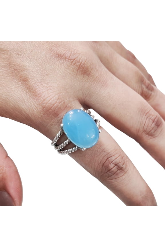 Natural Blue Chalcedony Ring, Blue Chalcedony Gemstone Ring, 3 Twisted Bohemian Band, 925 Sterling Silver, Womens Ring, Christmas, Thanksgiving, Handmade, Statement Jewelry, Natural Gemstone Ring