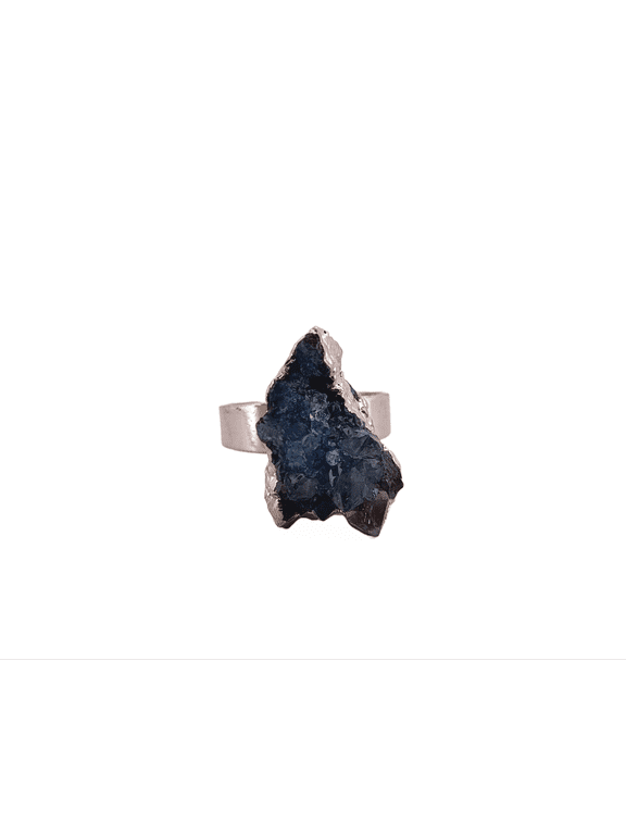 Natural Blue Crystal Druzy Silver Adjustable Ring NBCDSAR