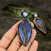 Natural Blue Dendritic, Moonstone Gemstone Copper Wire Wrap Pendant 3.23"