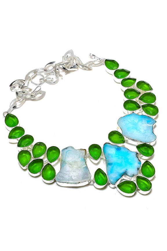 Natural Blue Druzy Slice, Peridot Gemstone 925 Sterling Silver Necklace 18"