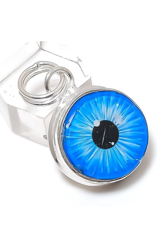 Natural Blue Evil Eye Gemstone 925 Sterling Silver Jewelry Pendant 1.46"