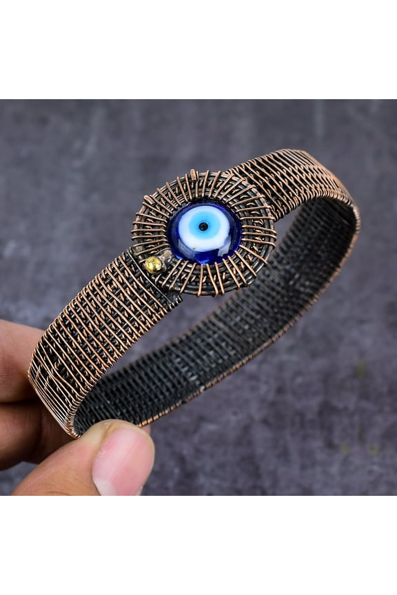 Natural Blue Evil Eye Gemstone Copper Wire Wrap Cuff Bangle Adjustable