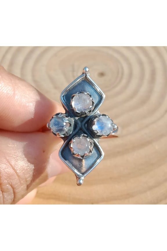 Natural Blue Fire Rainbow Moonstone Ring Solid 925 Sterling Silver Prong Setting Jewelry