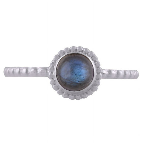 Natural Blue Flash Labradorite 5mm Cabochon Round Shape Gemstone Surrounded By Rawa Work with Beautiful Engraved Shank Handmade 925 Sterling Solid Silver Ring For Women