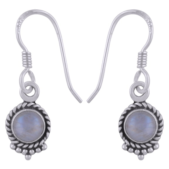 Natural Blue Flash Rainbow 5mm Cabochon Round Shape Gemstone Surrounded by Twisted Wire & Rawa Work Handmade 925 Sterling Solid Silver Dangle Earrings
