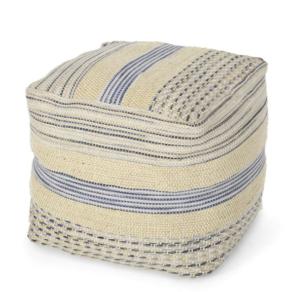 Natural Blue Handmade Western Pouf, Hemp-wool Fabric Construction, 16x16 Inches, 200 Lbs Capacity, Fully Assembled, Beads Filled Style Hemp And Wool Fabric, With