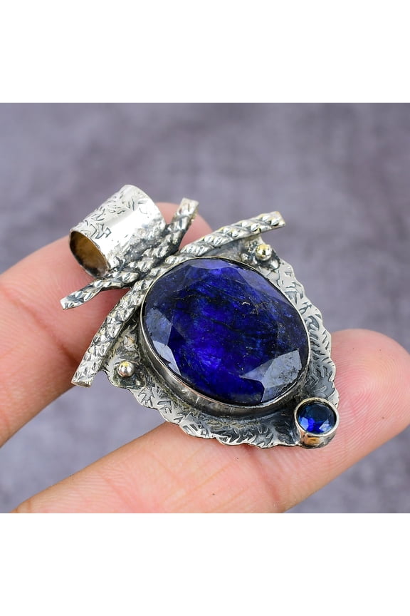 Natural Blue Jade, Blue Topaz Gemstone 925 Sterling Silver Pendant 2.22"