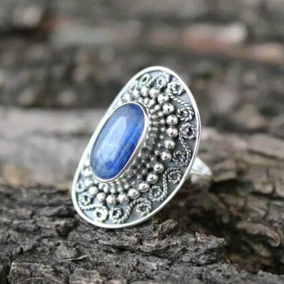 Natural Blue Kyanite Ring, Oval Shape Gemstone, Floral Oxidized Ring, 925 Sterling Silver Ring, Handcrafted Silver Ring, Personalized Gift**