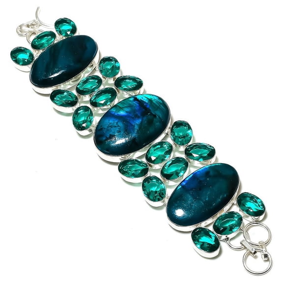 Natural Blue Labradorite,Apatite Gemstone 925 Sterling Silver Bracelet 7-8"
