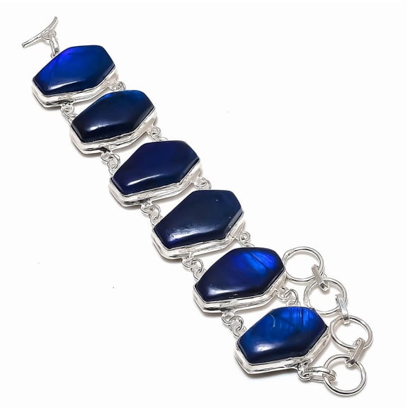 Natural Blue Labradorite Gemstone 925 Sterling Silver Bracelet 7-8"